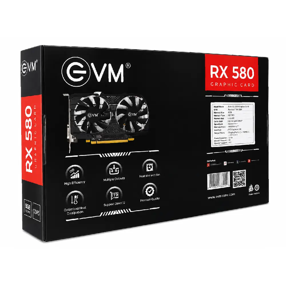 EVM Nvidia Graphic Card RX 580 8GB DDR5 with HDMI, DVI, DP Port view 2